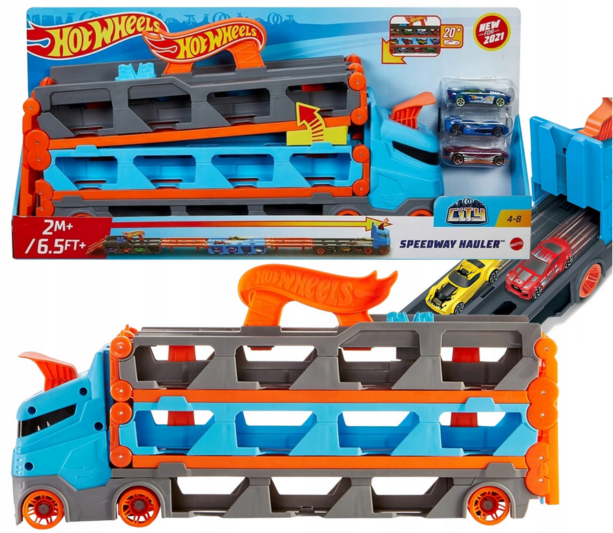 HOT WHEELS ZESTAW XXL 2W1 TRANSPORTER + ROZKŁADANY TOR WYŚCIGOWY + 3 AUTKA