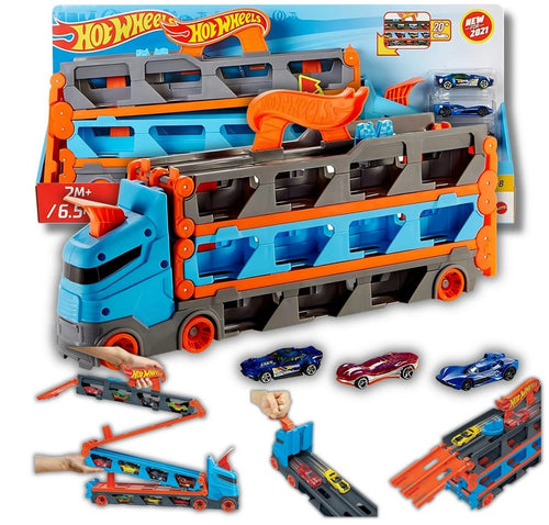 HOT WHEELS ZESTAW XXL 2W1 TRANSPORTER + ROZKŁADANY TOR WYŚCIGOWY + 3 AUTKA